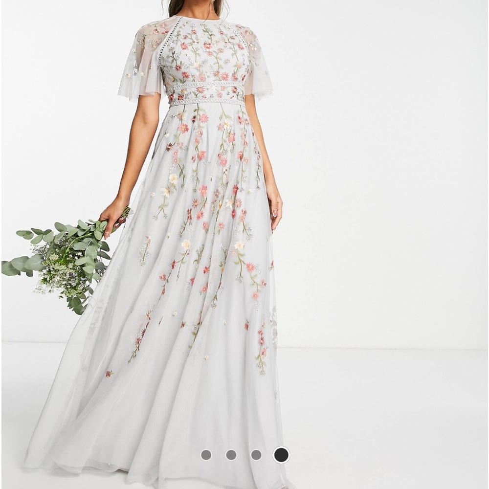 ASOS Embroidered Floral Maxi Dress in Light Grey with Pink and Green Accents